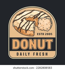 Fresh donuts vintage colorful logotype with bitten bun for corporate identity of home craft coffee shop vector illustration