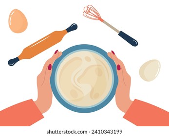 Fresh dough in a bowl on a white background. Women's hands hold a bowl of dough, eggs, a whisk and a spatula lie around. Baking process, kneading dough for cookies, bread, pizza. Vector illustration