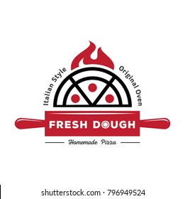 fresh dough pizza logo with red rolling pin and pizza on fire vector illustration