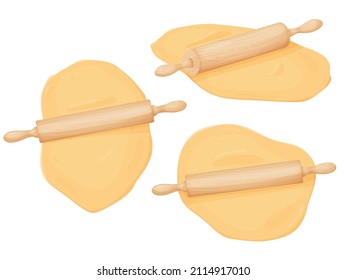 Fresh dough and rolling pin set. Rolled out dough for baking, pizza, cookie, biscuit, bread.