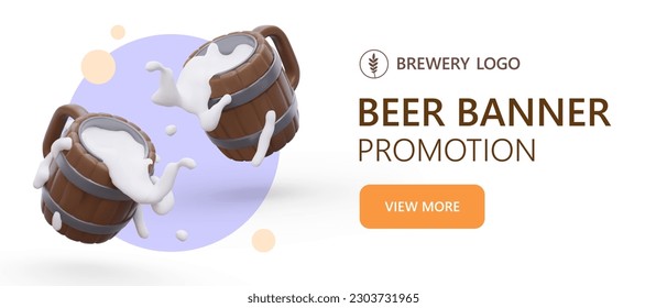 Fresh draft beer rises with foam. Bright 3D elements on advertising banner. Template for PPC ads in social networks. Horizontal blank with text and button