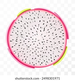 Fresh Dragon fruit isolated on transparent background. Half of Pitaya, cut pitahaya with white flesh and black seeds. Exotic dragon fruit cross section. Tropical vitamin food. Realistic 3d vector.