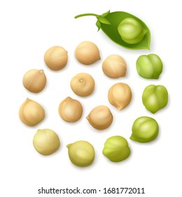 Fresh and dried chickpea beans with green pod, lying in a spiral shape. White background. Top view.