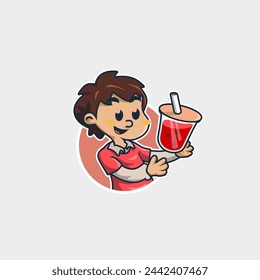 Fresh drink cartoon mascot logo with boba, serving special drink, strawberry flavor