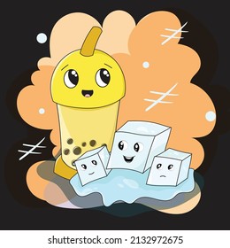 fresh drink with cute ice cubes cartoon illustration