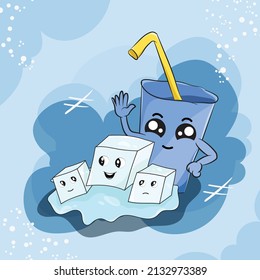 fresh drink with cute ice cubes cartoon illustration