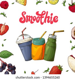 Fresh drink menu. Template design banner with smoothie in sketch style. Detox cocktail made from fruits and vegetables with lettering.