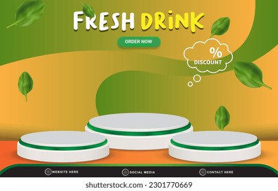 fresh drink sale discount with landscape social media post tempate banner with copy space 3d podium with abstract gradient green and orange background design