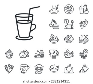 Fresh drink sign. Crepe, sweet popcorn and salad outline icons. Coffee or Cocktail line icon. Beverage symbol. Cocktail line sign. Pasta spaghetti, fresh juice icon. Supply chain. Vector