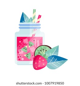 Fresh drink with strawberry and kiwi. Refreshing smoothie in glass jar with ice cubes and drinking straws. Organic beverage. Delicious juice. Flat vector design