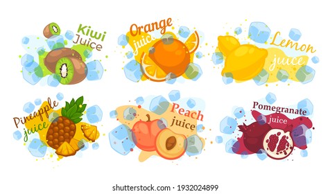 Fresh drink with sweet fruit, healthy juice, vector illustration. Healthy cocktail with natural product, pineapple, peach and pomegranate, isolated on white. Juicy beverage with kiwi, orange, lemon.