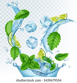 Fresh drink vector illustration. Realistic water, ice cubes, mint leaves and lime isolated on transparent background. Mojito with lemon and leaf mint, fresh mocktail with ice