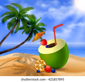 Fresh drinking coconut with a straw