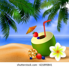 Fresh drinking coconut with a straw