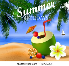 Fresh drinking coconut with a straw