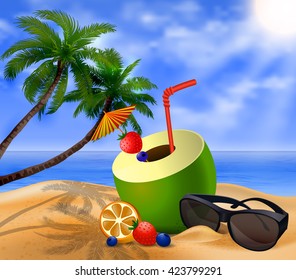 Fresh drinking coconut with a straw