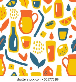Fresh drinks seamless pattern. Funny doodle summer pattern. Vector illustration