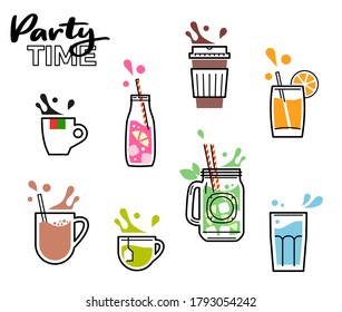 Fresh drinks with splashes and droplets. Mint mojito, orange juice, takeaway coffee, tea and lemonade. Shake them now. Simple line vector icons.