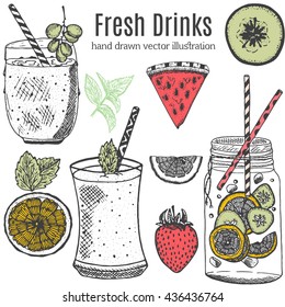 Fresh drinks vector illustration.Detox water, juice, smoothie,cocktail.Bottle with cucumber, lemon,lime, mint.