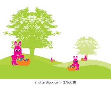 Fresh easter garden full of rabbits with easter baskets eggs illustration