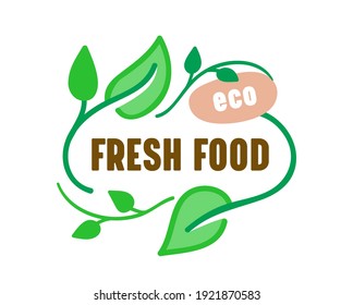 Fresh Eco Food Farm Market Banner with Green Climbing Plant. Ecological Natural Organic Production, Farmer Products Growing. Advertising Promotional Poster. Cartoon Vector Illustration, Icon or Label