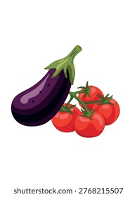 fresh eggplant with ripe tomatoes close up macro detail on clean white background