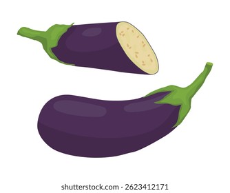 Fresh eggplant and slice in half on white background