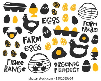 Fresh eggs design elements set. Farm organic isolated products silhouette. Natural dish stylized lettering with ink drops. Chicken, basket, box.