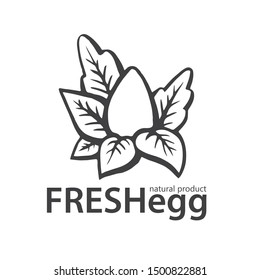 Fresh eggs logo. Emblem egg with leafs. Hand-Drawn Vector Illustration. Logo for eco products.