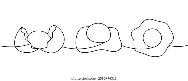 Fresh eggs one line continuous drawing. Boiled eggs, broken eggshell, omelette, protein and yolk. Vector illustration