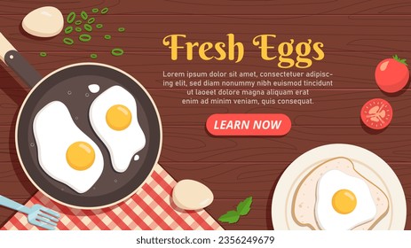 Das Konzept der frischen Eier-Draufsicht. Traditionelles Morgenessen und gesundes Frühstück mit Proteinen. Gemüse und Tomaten, angemessene Ernährung. Landing Page Design. Cartoon-Flavektor-Vektorgrafik