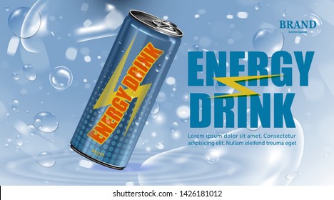 Fresh energy drink in can with bubble and water background, Package and  Energy drink product poster