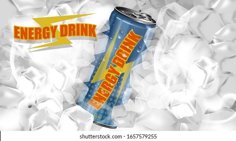 Fresh Energy Drink In Can With Ice Cubes And Smoke Background, Package And  Energy Drink Product Poster