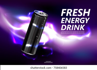 Fresh energy drink in can with purple background, Package and  Energy drink product poster