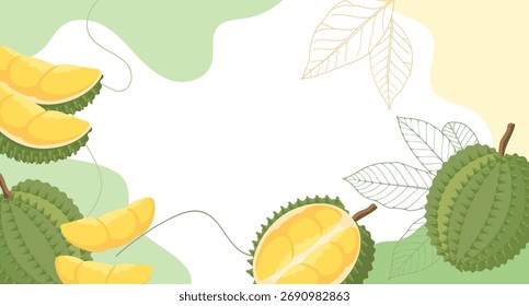 Composição de frutos frescos exóticos durianos, frutos cortados e inteiros. Resumo fundo de fruta tropical.