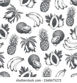 Fresh exotic fruit seamless pattern. Tropical fruits, pineapple, banana, coconut, mango, papaya. Vector illustration