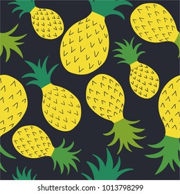 Fresh exotic fruits, hand drawn overlapping background. Colorful tropical wallpaper vector. Seamless pattern with pineapples. Decorative colored illustration, good for printing
