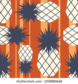 Fresh exotic fruits, hand drawn overlapping background. Colorful tropical wallpaper vector. Seamless pattern with pineapples. Decorative colored illustration, good for printing