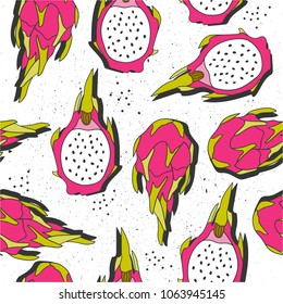 Fresh exotic fruits, hand drawn overlapping background. Colorful wallpaper vector. Seamless pattern with pitaya set. Decorative illustration, good for printing