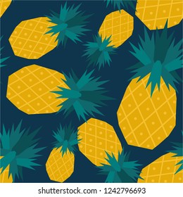 Fresh exotic fruits, hand drawn overlapping background. Colorful tropical wallpaper vector. Seamless pattern with pineapples. Decorative colored illustration, good for printing