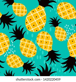 Fresh exotic fruits, hand drawn overlapping background. Colorful tropical wallpaper vector. Seamless pattern with pineapples. Decorative colored illustration, good for printing