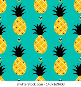 Fresh exotic fruits, hand drawn overlapping background. Colorful tropical wallpaper vector. Seamless pattern with pineapples. Decorative colored illustration, good for printing