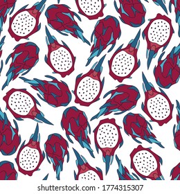 Fresh exotic fruits, hand drawn overlapping background. Colorful wallpaper vector. Seamless pattern with pitaya set. Decorative illustration, good for printing