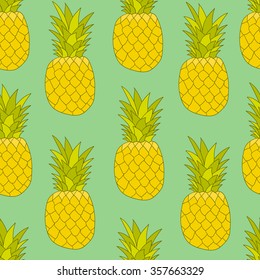 Fresh exotic fruits icon hand drawn background. Colorful wallpaper vector. Seamless pattern with pineapples set. Decorative illustration, good for printing