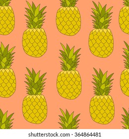 Fresh exotic fruits icon hand drawn background. Colorful wallpaper vector. Seamless pattern with pineapples set. Decorative illustration, good for printing