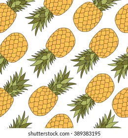 Fresh exotic fruits icon hand drawn background. Colorful wallpaper vector. Seamless pattern with pineapples set. Decorative illustration, good for printing