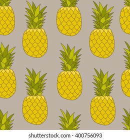 Fresh exotic fruits icon hand drawn background. Colorful wallpaper vector. Seamless pattern with pineapples set. Decorative illustration, good for printing