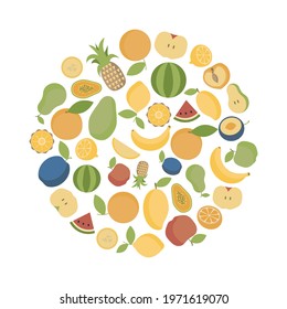 Fresh exotic fruits logo in circle. Halved diet food symbol. Bright vector illustration