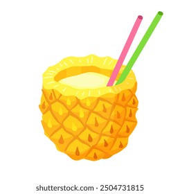 Fresh exotic summer cocktail in pineapple. Pina colada cocktail drink in tropical fruit with drinking straws. Sultry vacation beverage for summer holidays. Hand drawn vector illustration