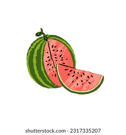 Fresh exotic watermelon with cut piece. Whole ripe tropical fruit and juicy slice. Healthy natural summer eating. Sweet vitamin food. Flat vector illustration isolated on white background.